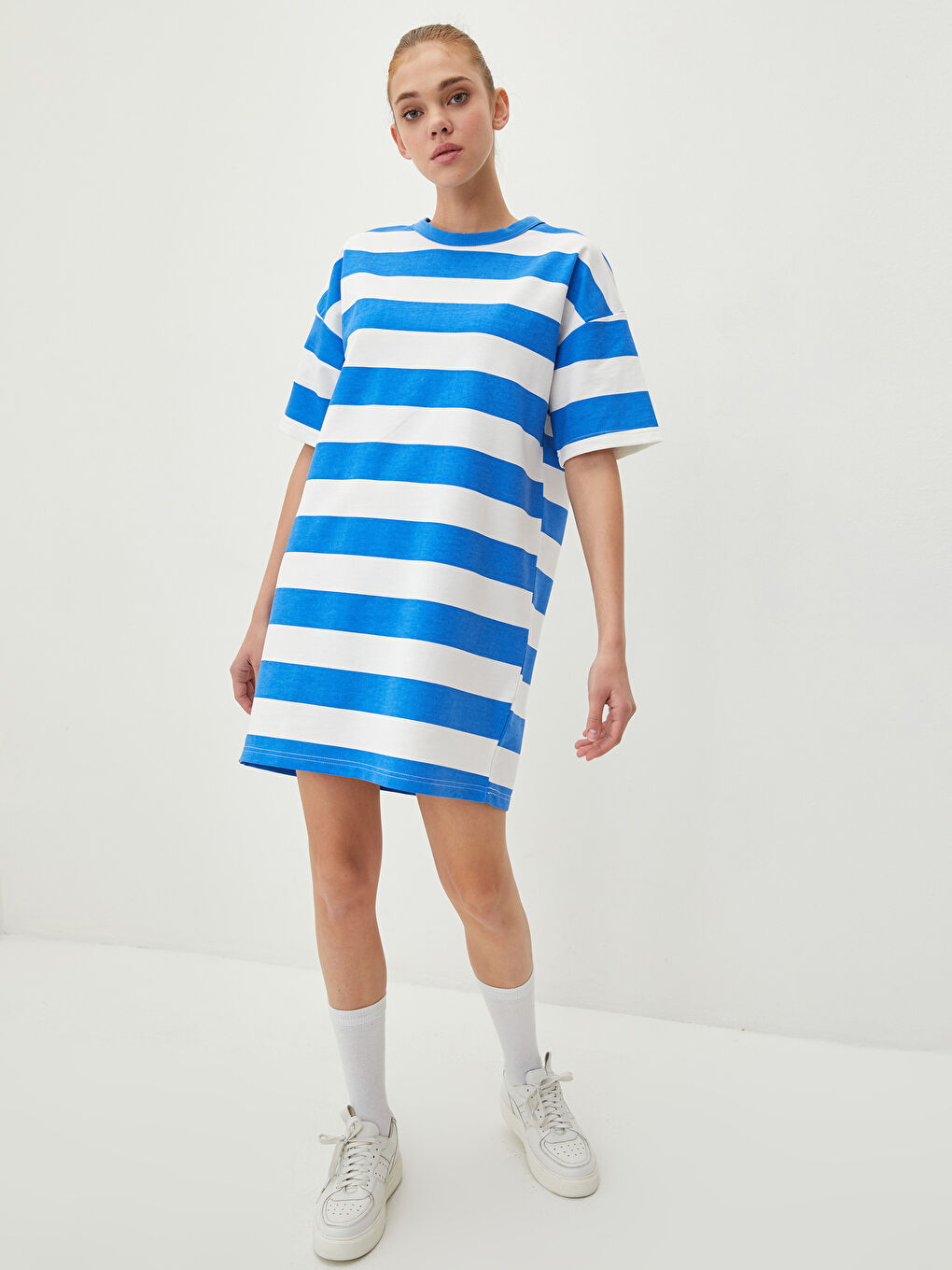 Mavi Bisiklet Yaka Renk Bloklu Kısa Kollu Kadın Elbise
