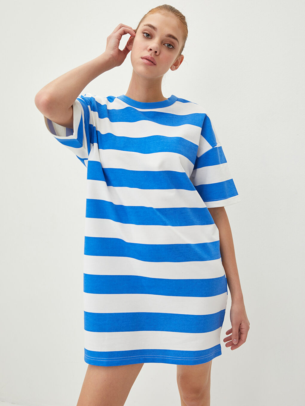 Mavi Bisiklet Yaka Renk Bloklu Kısa Kollu Kadın Elbise-1