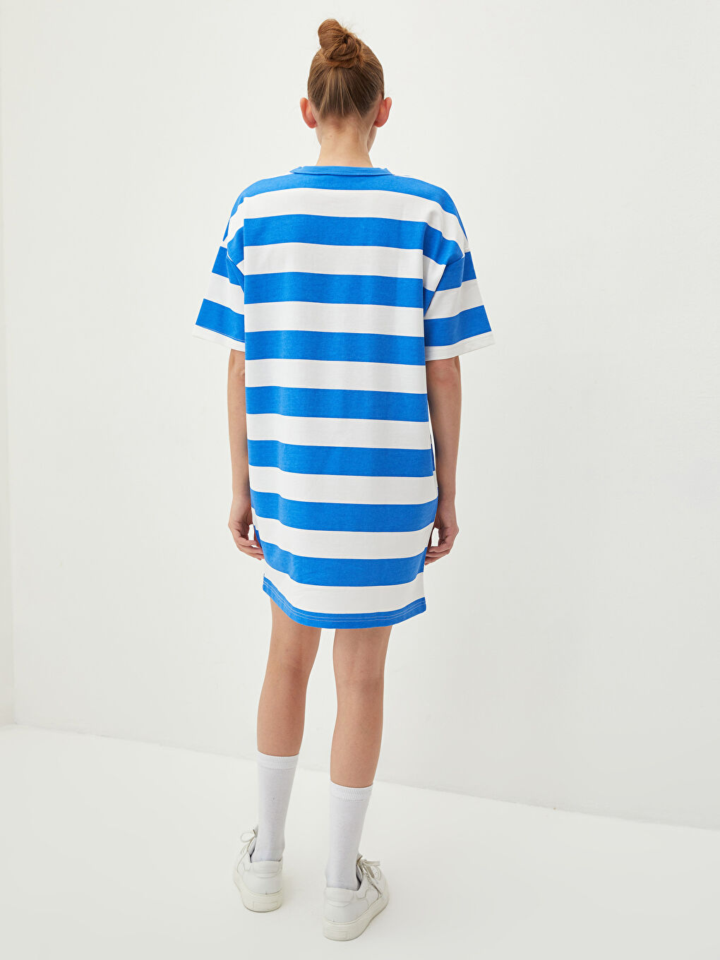 Mavi Bisiklet Yaka Renk Bloklu Kısa Kollu Kadın Elbise-4