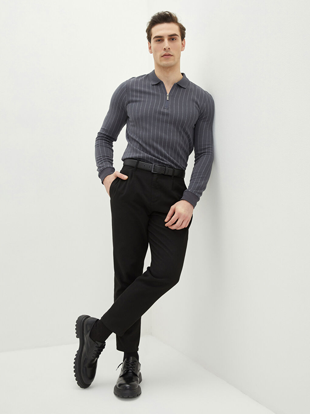 SOUTHBLUE Polo Neck Long Sleeve Striped Men's Sweatshirt -S28079Z8-LE0