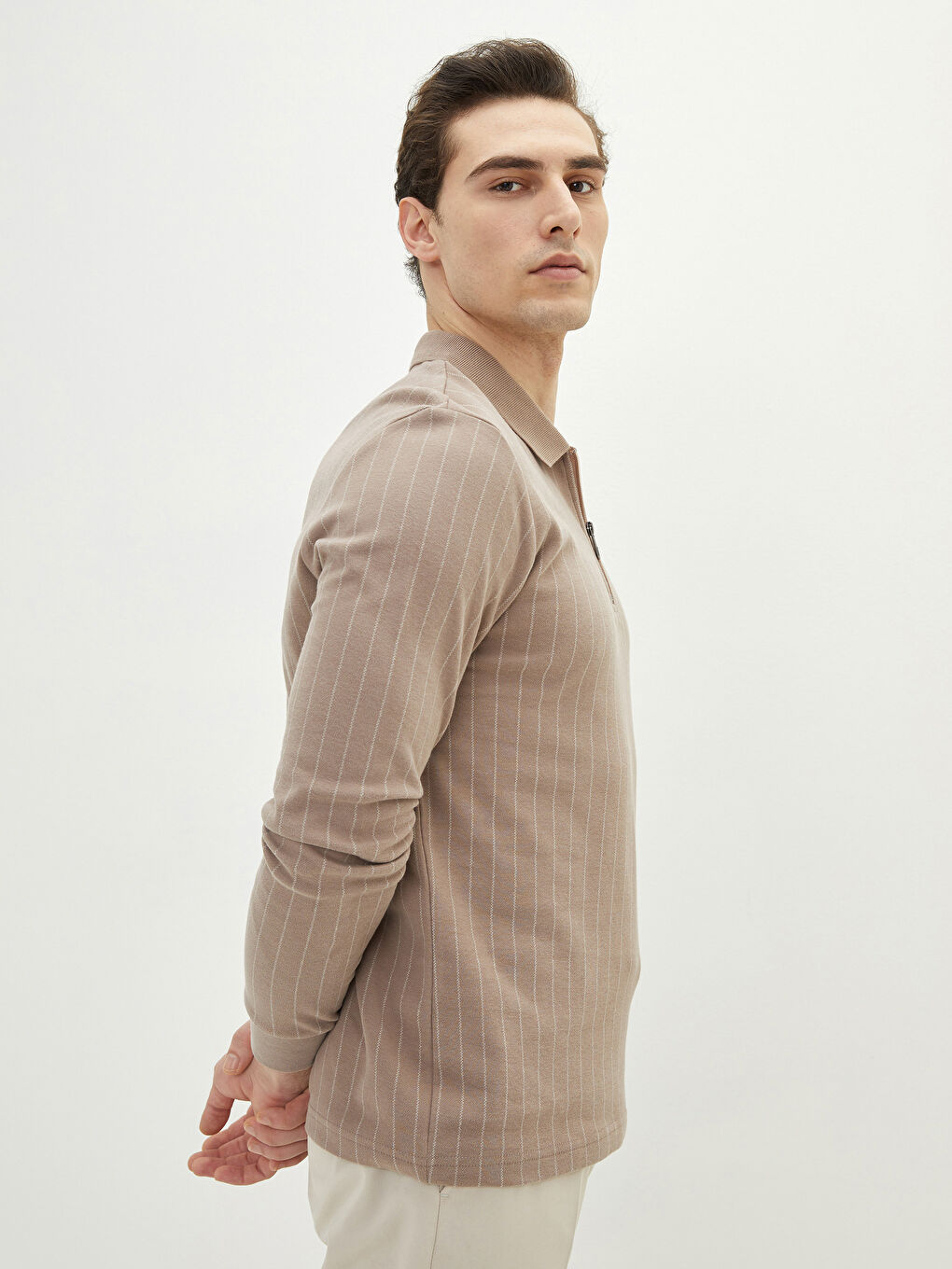 SOUTHBLUE Polo Neck Long Sleeve Striped Men's Sweatshirt -S28079Z8-LEV