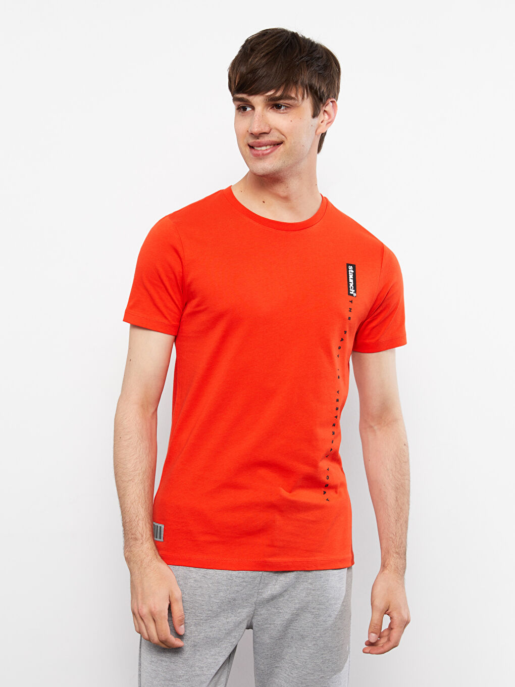 Turuncu Oversize Bisiklet Yaka Kısa Kollu Baskılı Penye Erkek Tişört-1