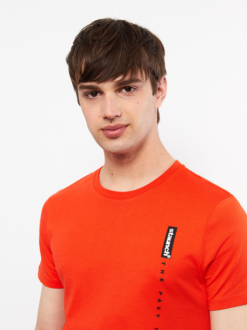 Turuncu Oversize Bisiklet Yaka Kısa Kollu Baskılı Penye Erkek Tişört-2