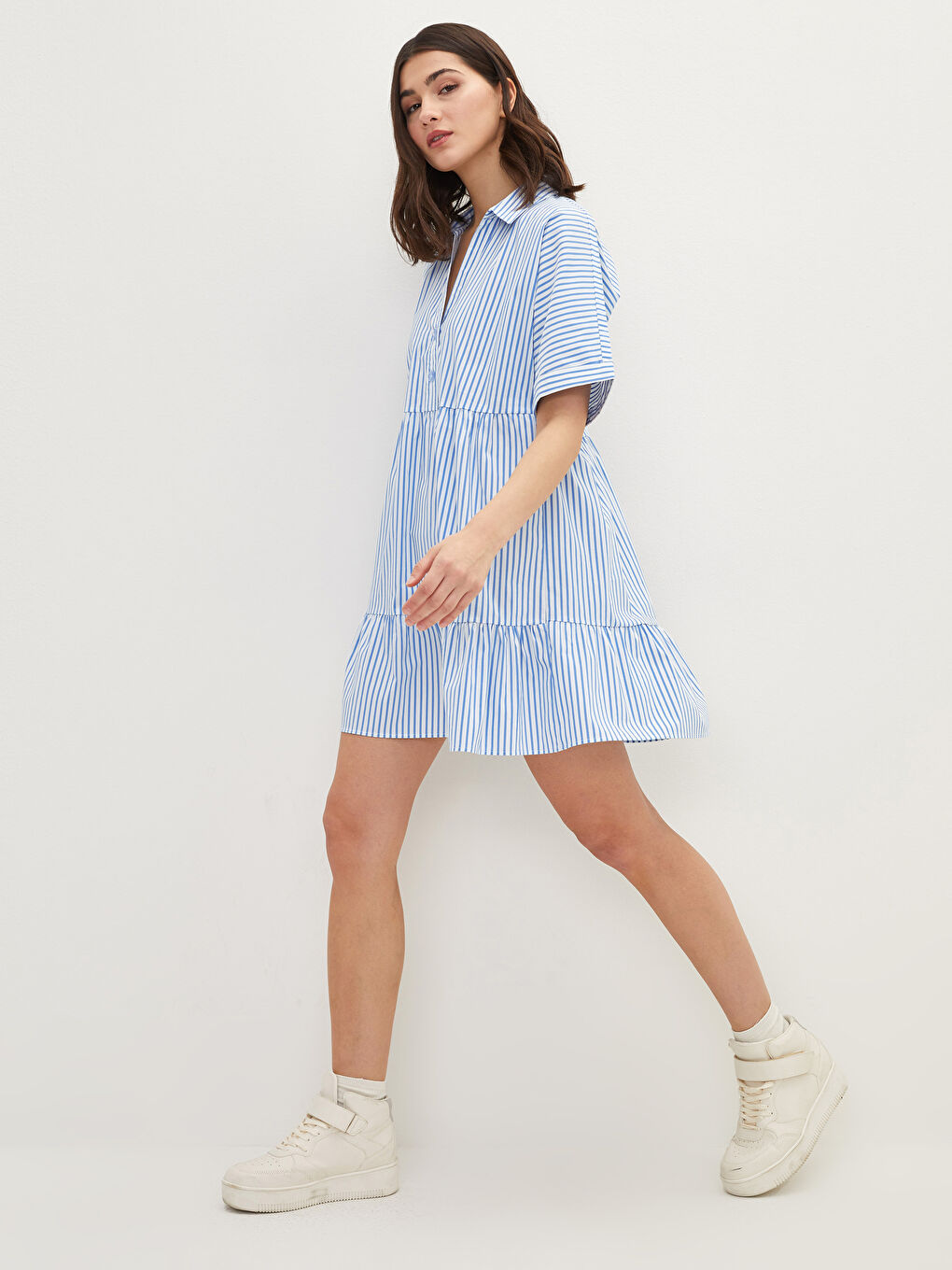 Mavi Gömlek Yaka Çizgili Kısa Kollu Kadın Elbise