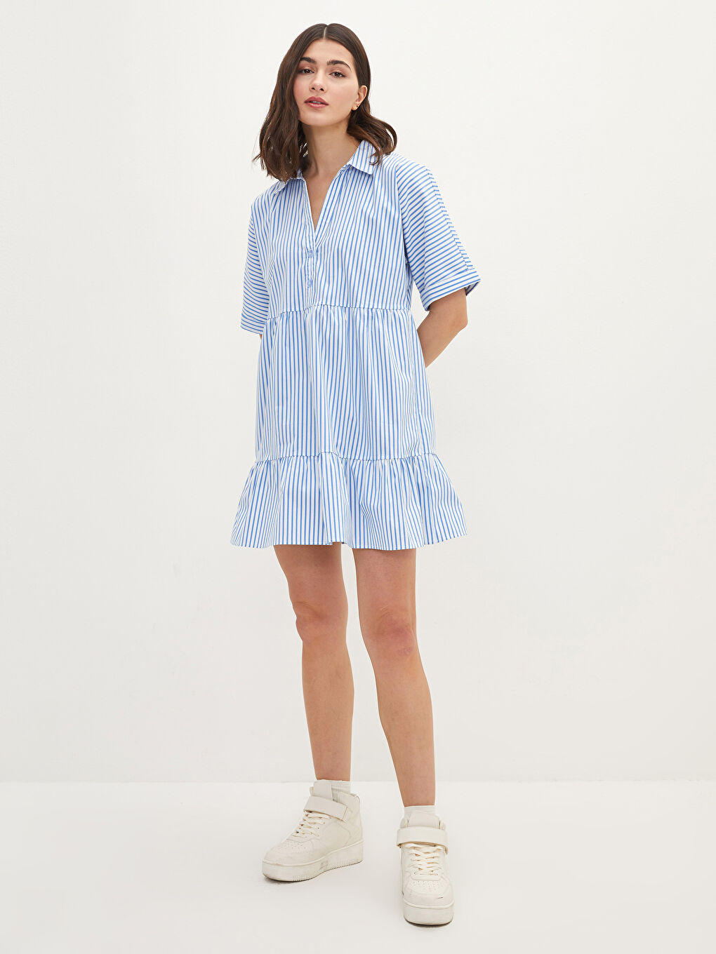 Mavi Gömlek Yaka Çizgili Kısa Kollu Kadın Elbise-1