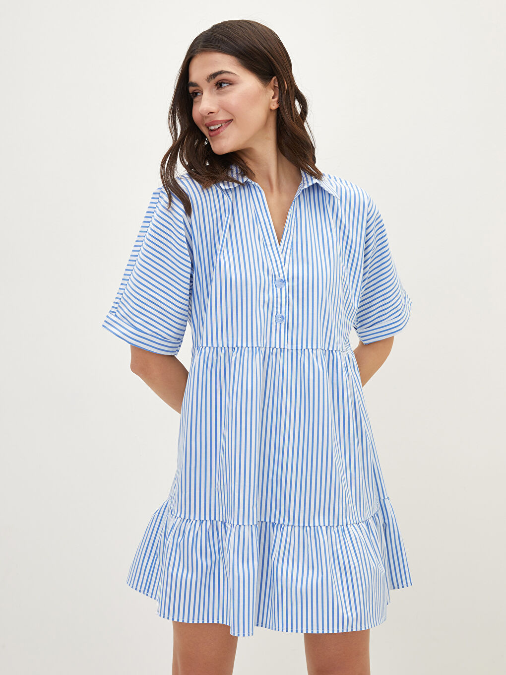 Mavi Gömlek Yaka Çizgili Kısa Kollu Kadın Elbise-2