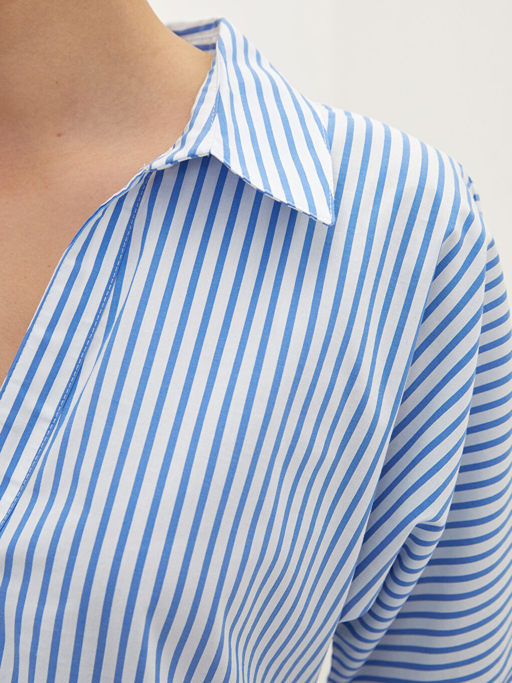 Mavi Gömlek Yaka Çizgili Kısa Kollu Kadın Elbise-3