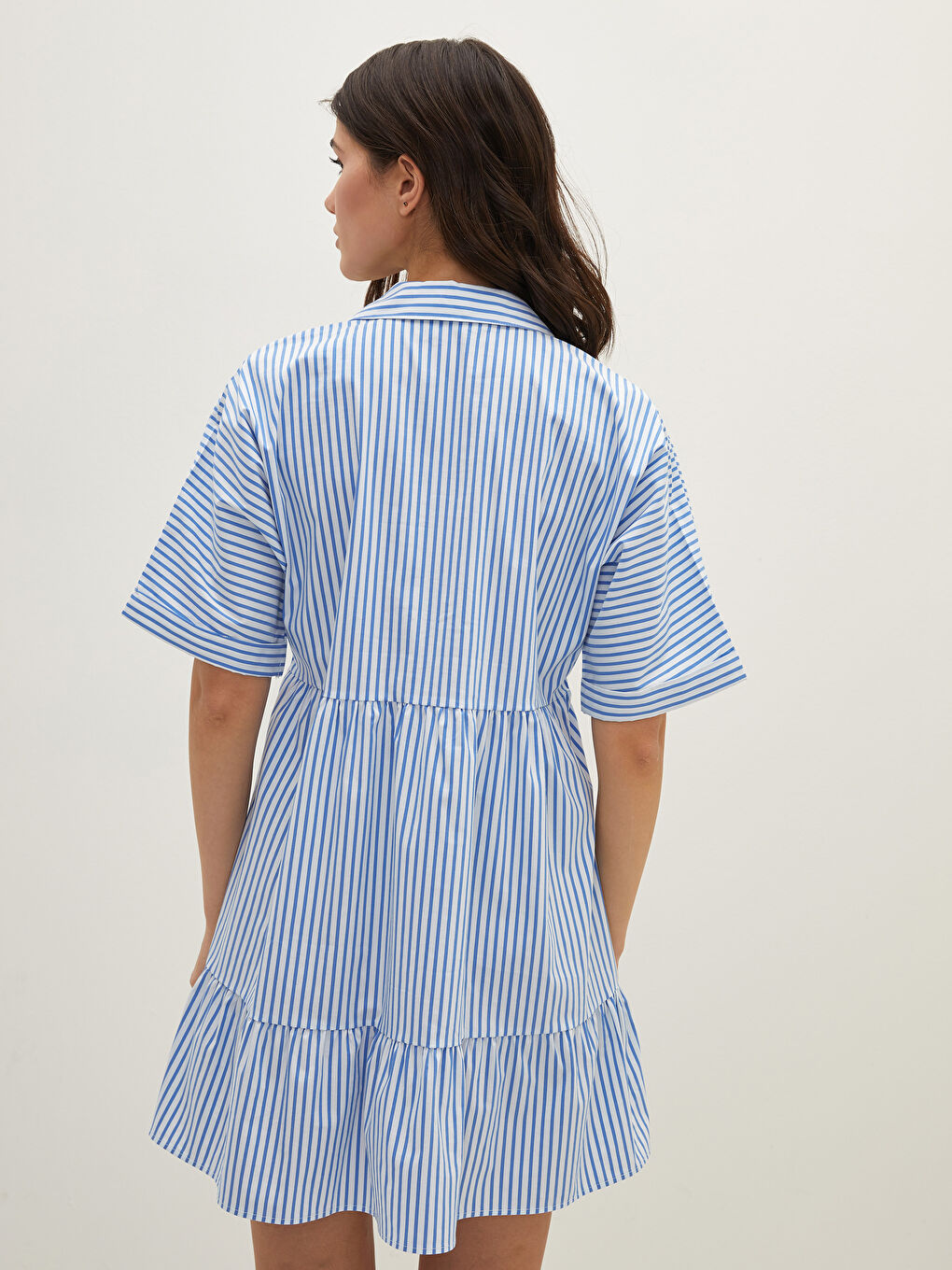 Mavi Gömlek Yaka Çizgili Kısa Kollu Kadın Elbise-4