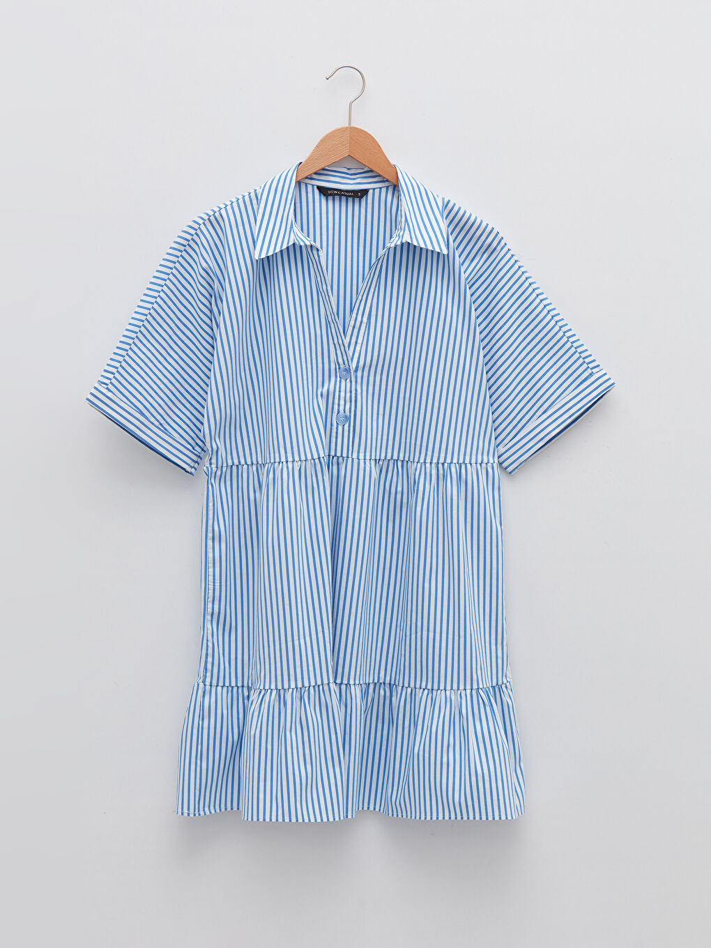 Mavi Gömlek Yaka Çizgili Kısa Kollu Kadın Elbise-5
