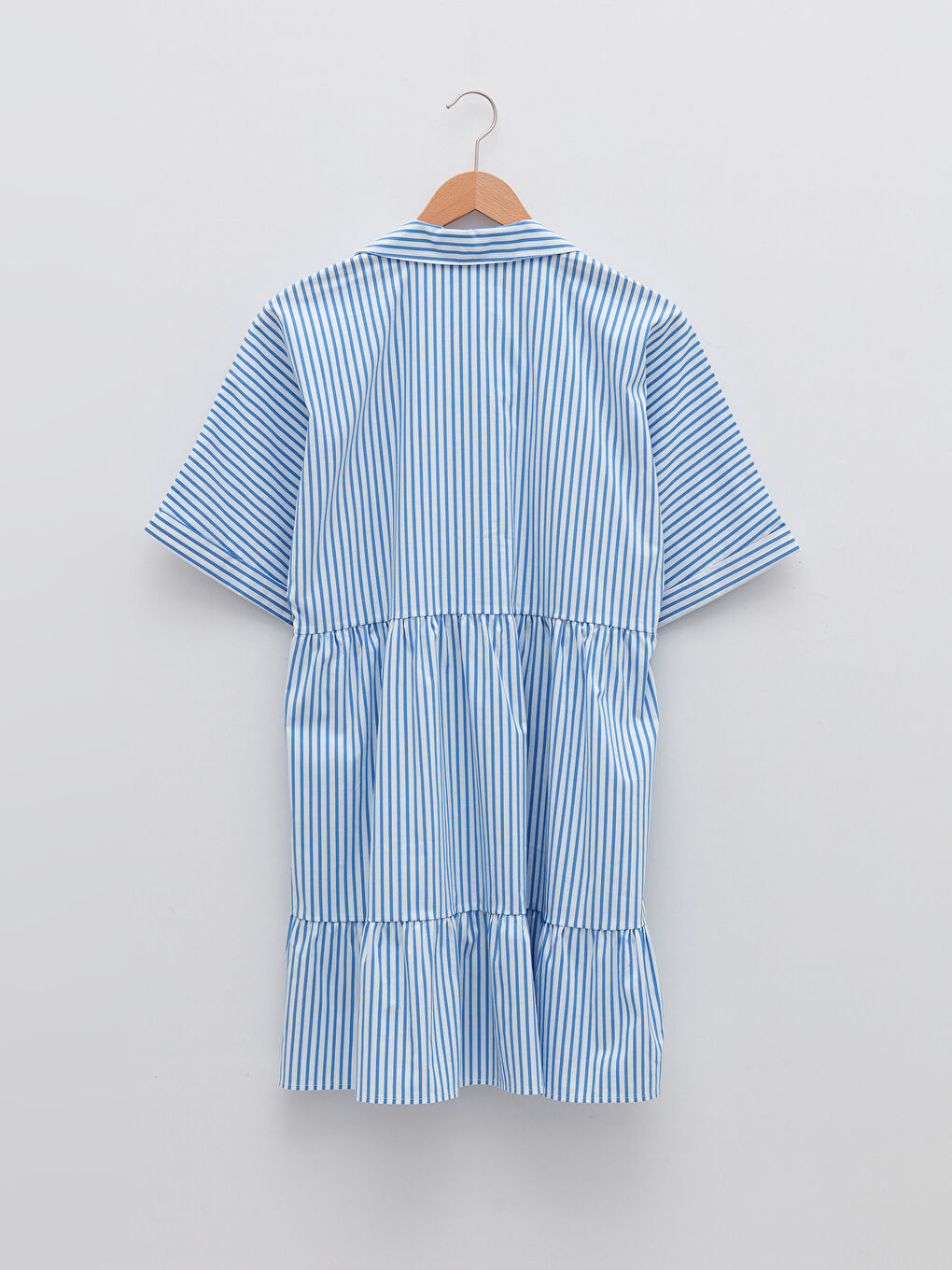 Mavi Gömlek Yaka Çizgili Kısa Kollu Kadın Elbise-6
