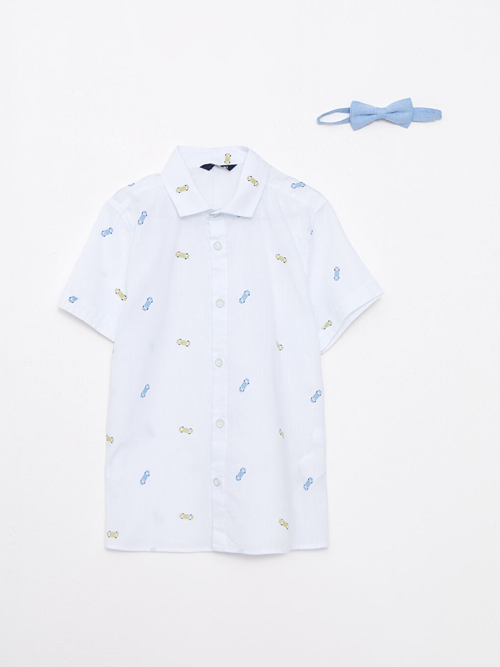 Beyaz Desenli Kısa Kollu Poplin Erkek Çocuk Gömlek ve Papyon-1