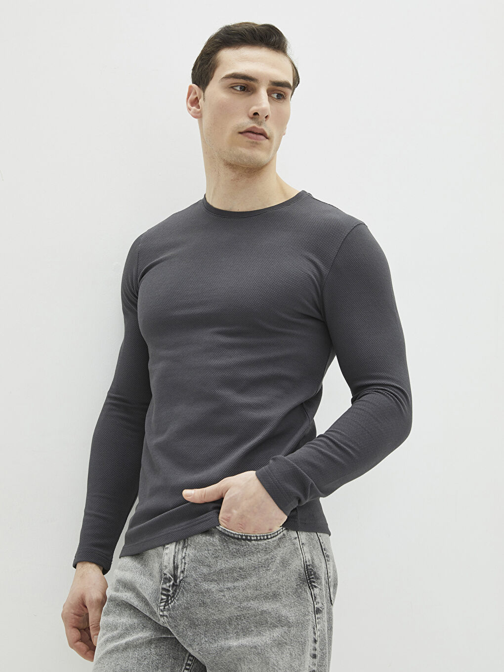 Antrasit Bisiklet Yaka Uzun Kollu Erkek Sweatshirt