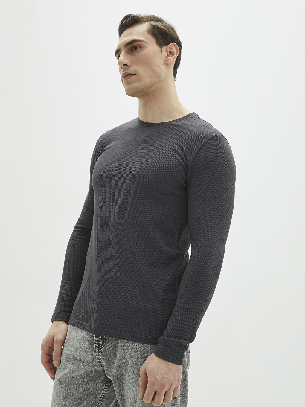 Antrasit Bisiklet Yaka Uzun Kollu Erkek Sweatshirt-1