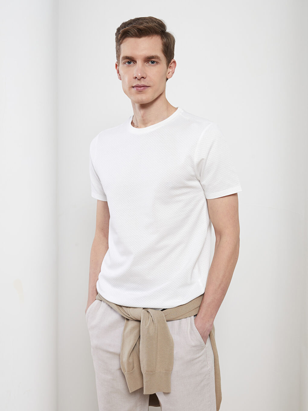 Ekru Bisiklet Yaka Penye Erkek Tişört-1