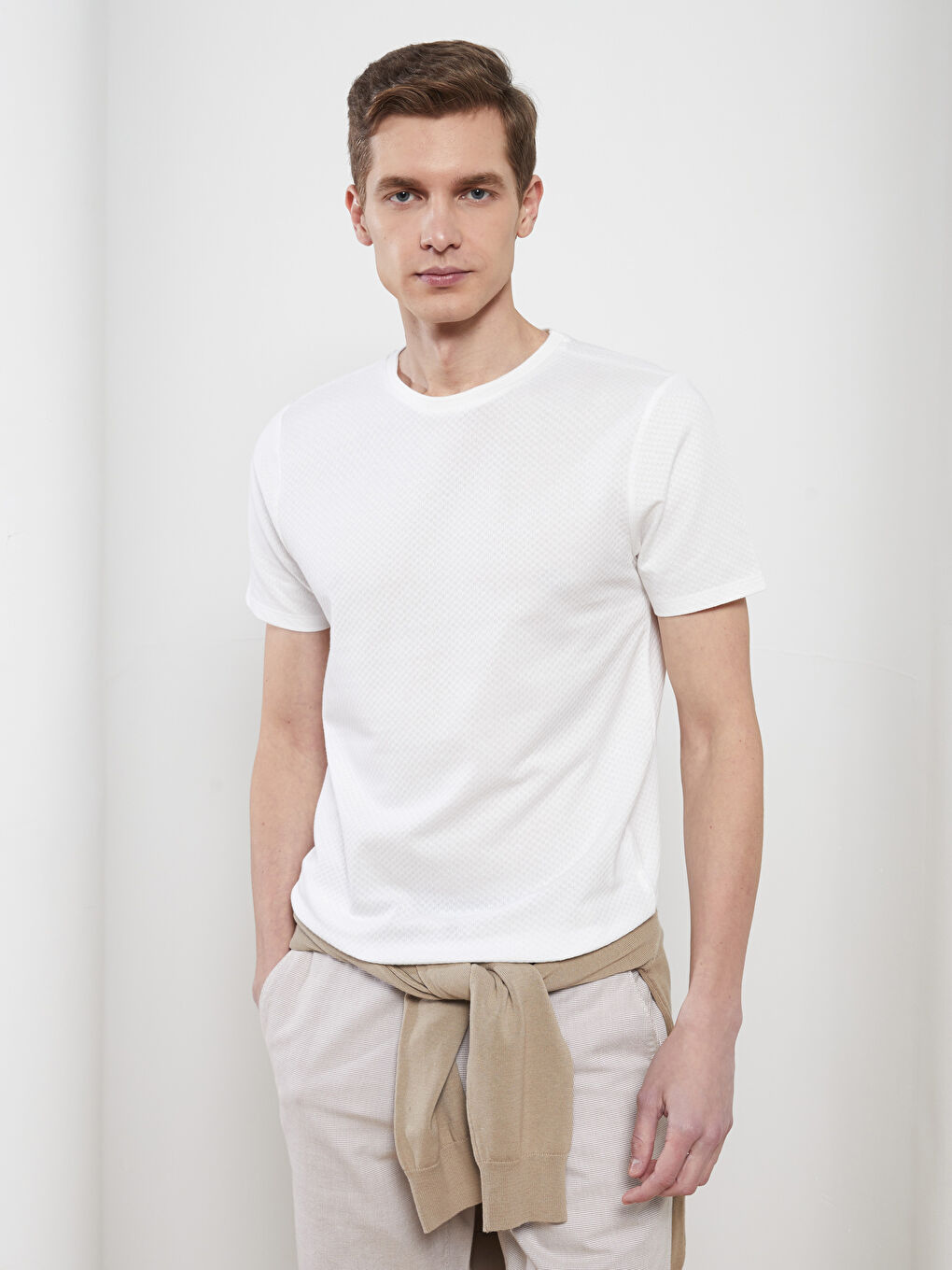 Ekru Bisiklet Yaka Penye Erkek Tişört