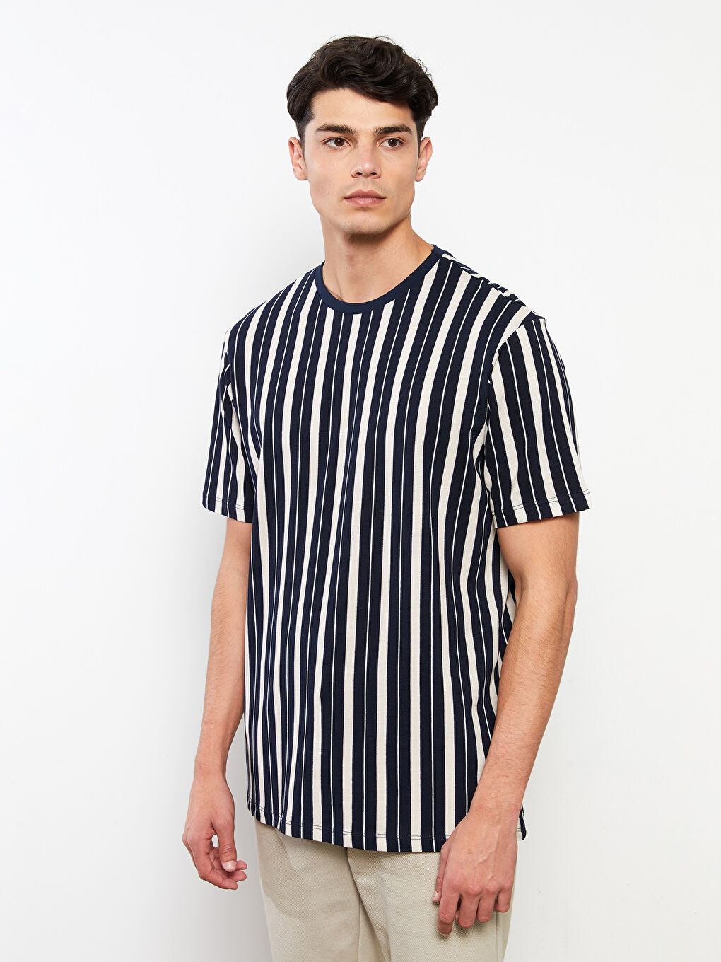 Lacivert Bisiklet Yaka Kısa Kollu Çizgili Pike Erkek Tişört-1