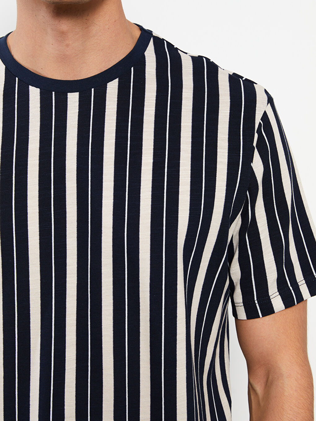 Lacivert Bisiklet Yaka Kısa Kollu Çizgili Pike Erkek Tişört-3