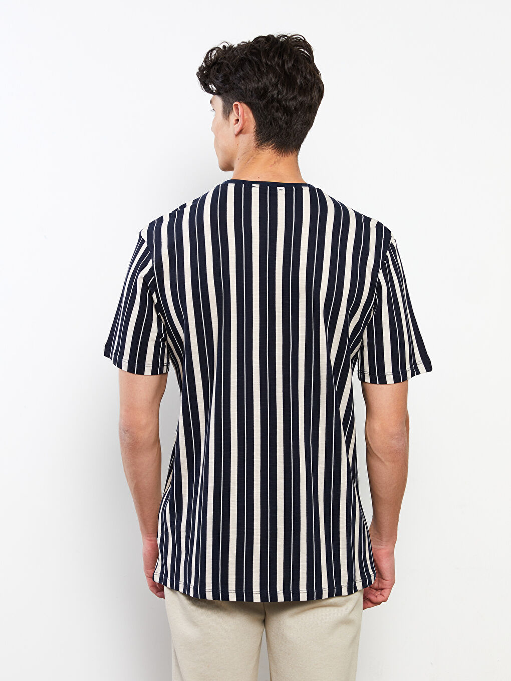 Lacivert Bisiklet Yaka Kısa Kollu Çizgili Pike Erkek Tişört-4