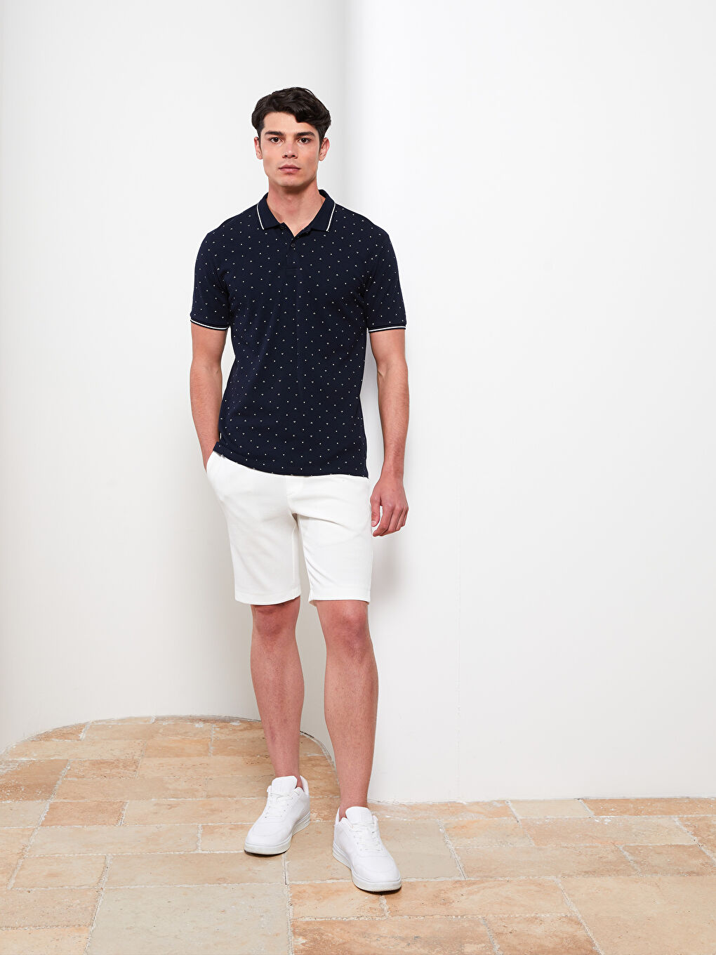 Lacivert Polo Yaka Kısa Kollu Desenli Erkek Tişört