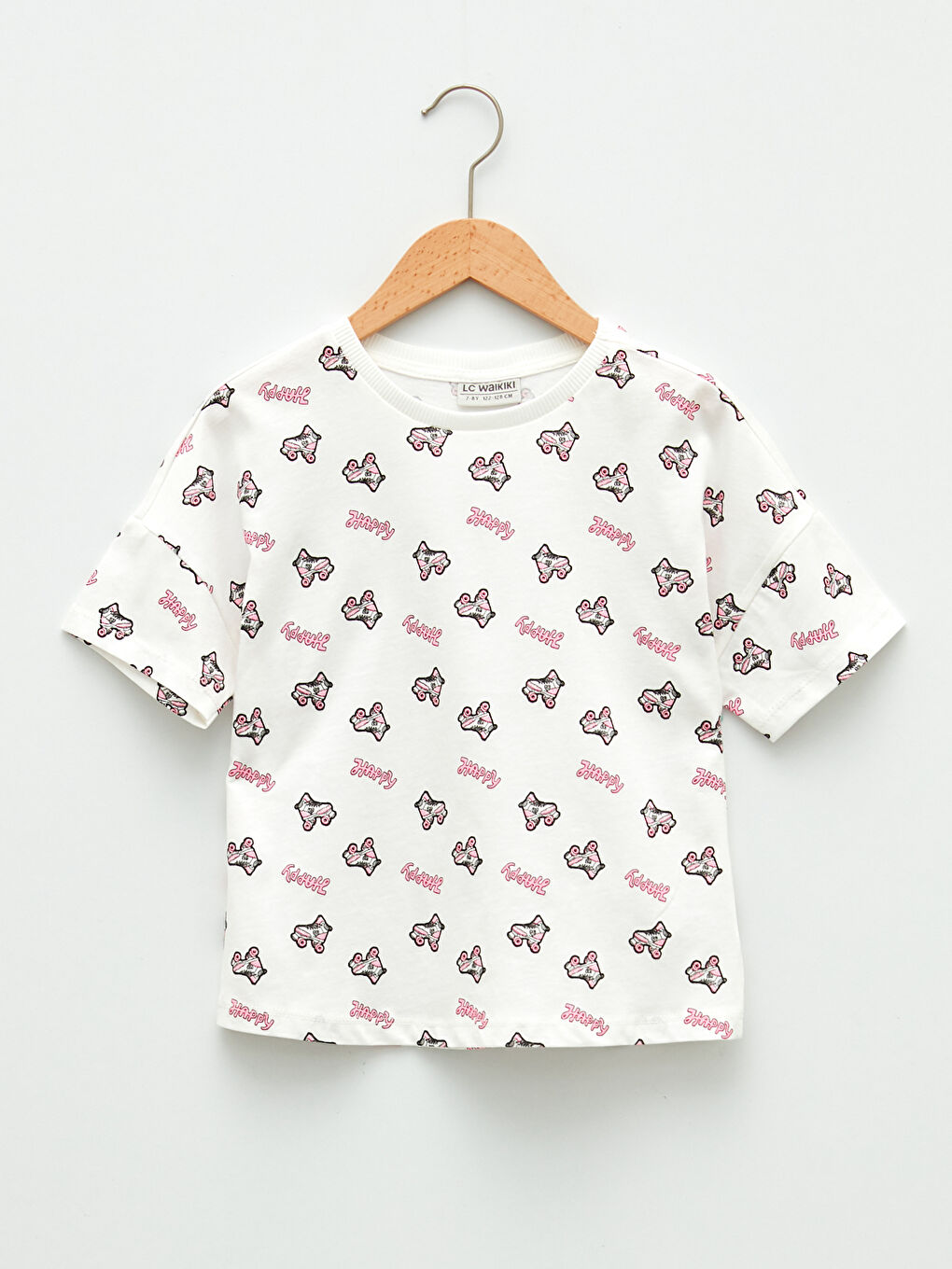 Ekru Bisiklet Yaka Baskılı Kısa Kollu Kız Çocuk Tişört
