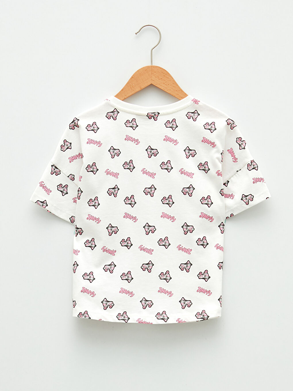 Ekru Bisiklet Yaka Baskılı Kısa Kollu Kız Çocuk Tişört-1