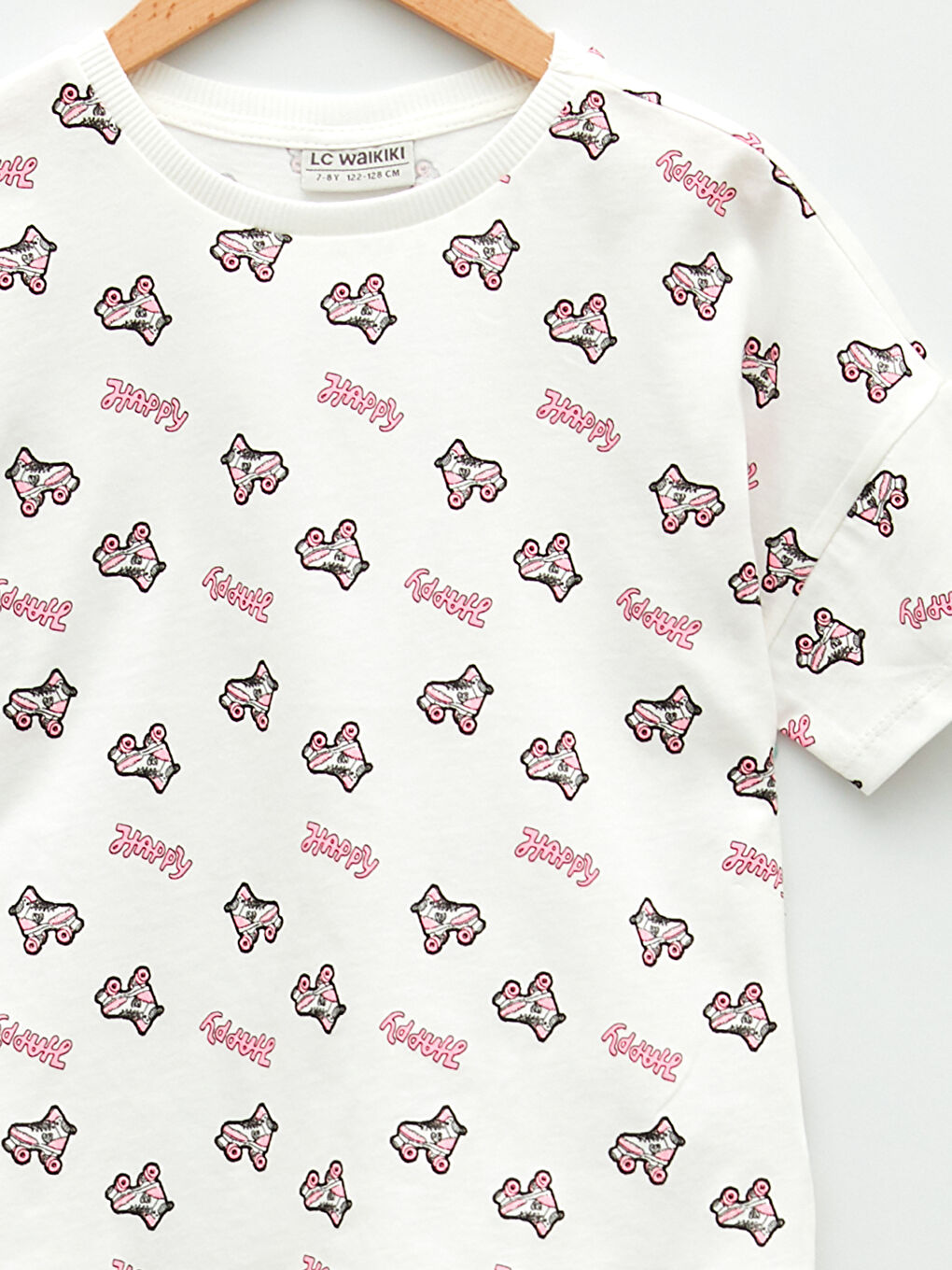 Ekru Bisiklet Yaka Baskılı Kısa Kollu Kız Çocuk Tişört-2