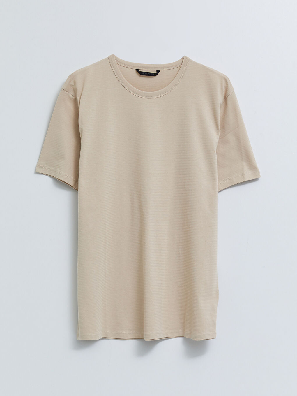 Bej Bisiklet Yaka Kısa Kollu Basic Penye Erkek Tişört-5