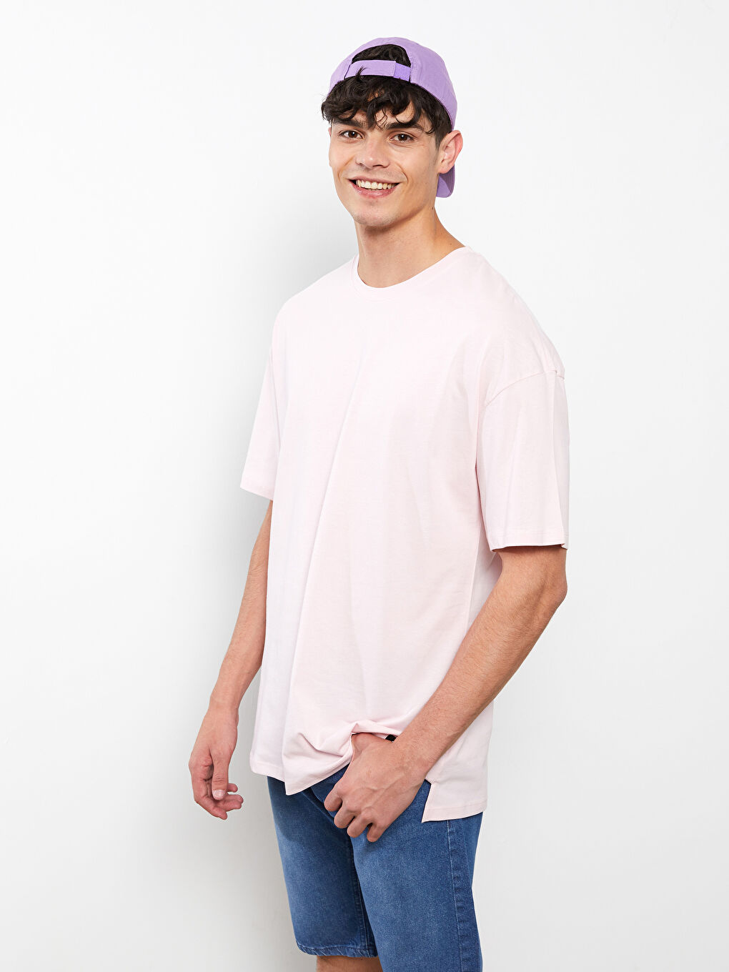 Pembe Oversize Bisiklet Yaka Kısa Kollu Baskılı Penye Erkek Tişört-2