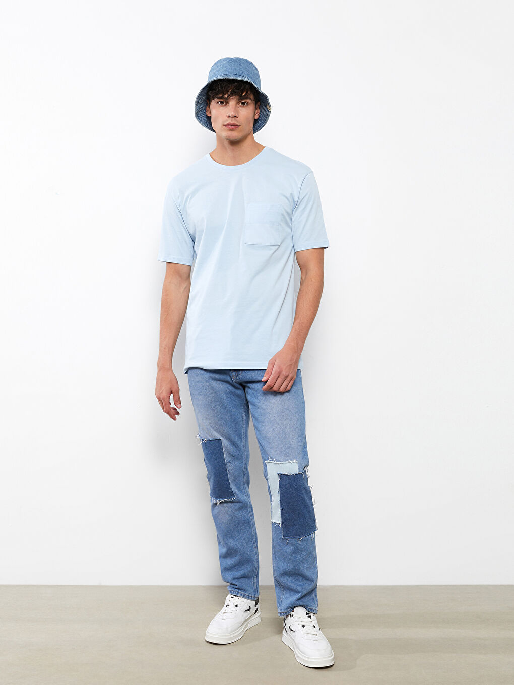 Mavi Oversize Bisiklet Yaka Kısa Kollu Penye Erkek Tişört