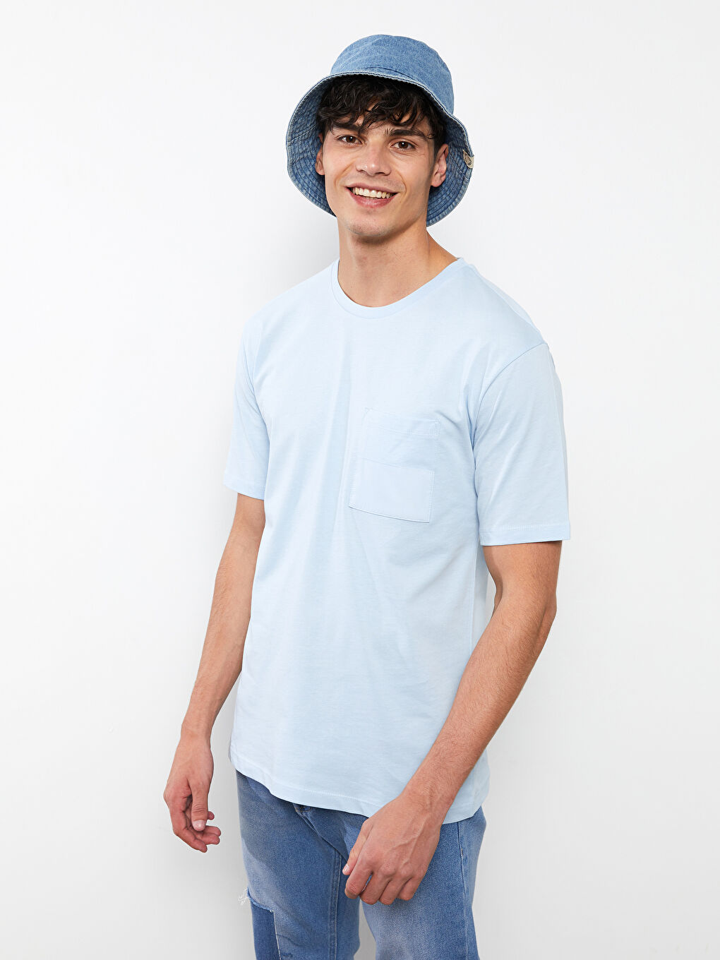 Mavi Oversize Bisiklet Yaka Kısa Kollu Penye Erkek Tişört-2