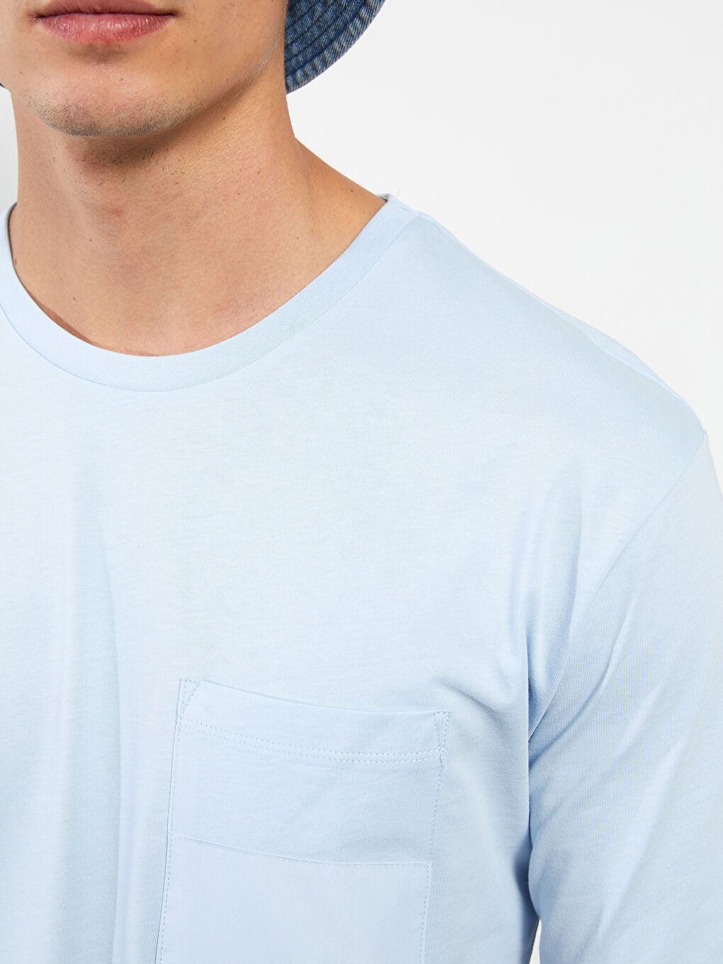 Mavi Oversize Bisiklet Yaka Kısa Kollu Penye Erkek Tişört-3