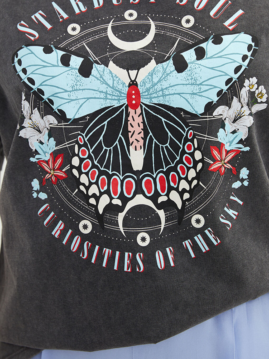 Antrasit Bisiklet Yaka Baskılı Kısa Kollu Pamuklu Kadın Tişört-2