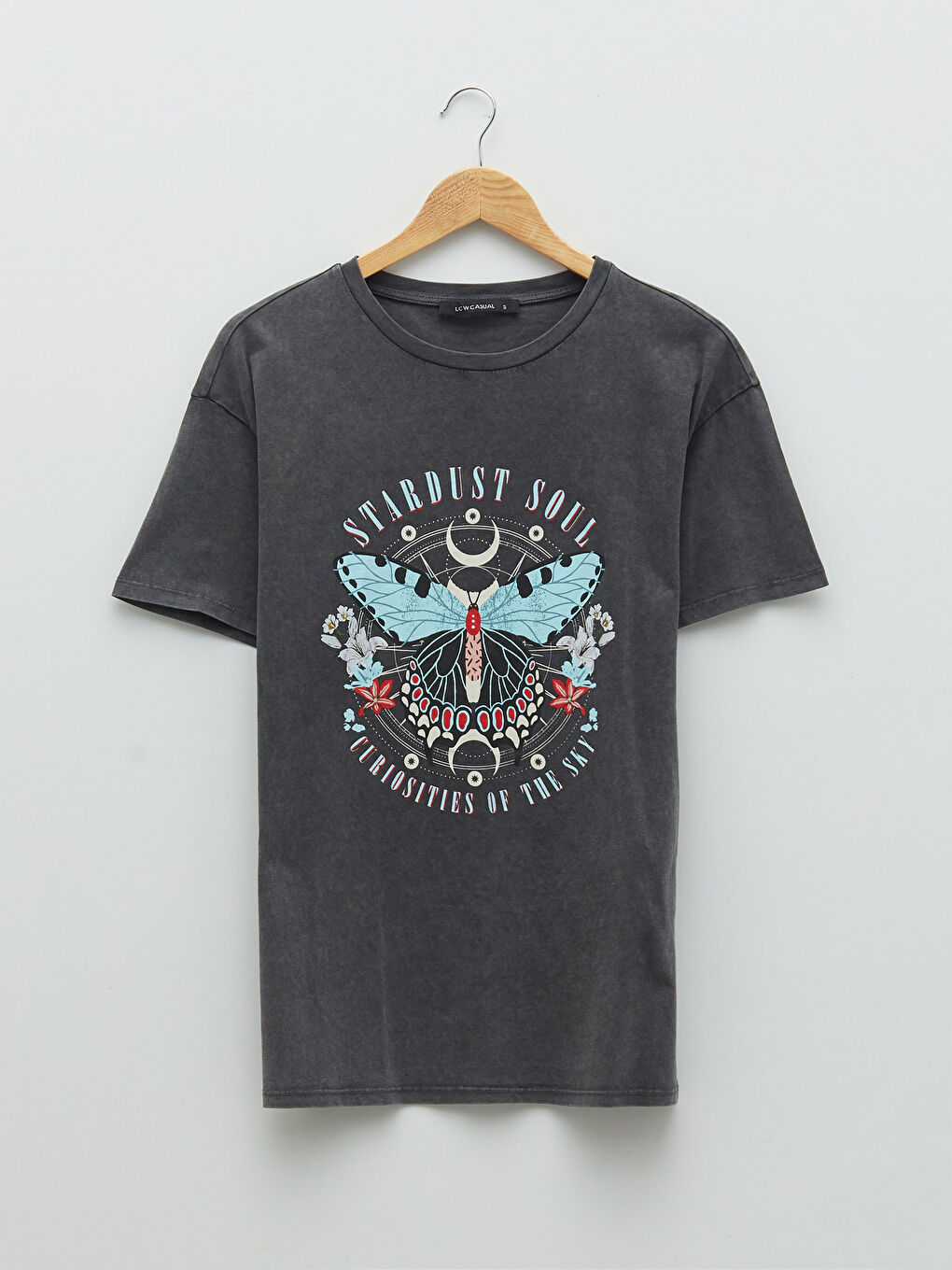 Antrasit Bisiklet Yaka Baskılı Kısa Kollu Pamuklu Kadın Tişört-4