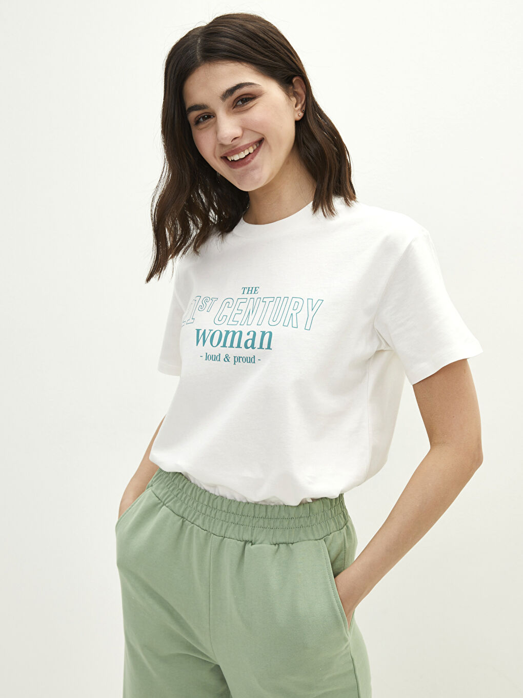 T-shirt en Coton à Manches Courtes avec Imprimé Lettre et Col Rond pour Femmes-1