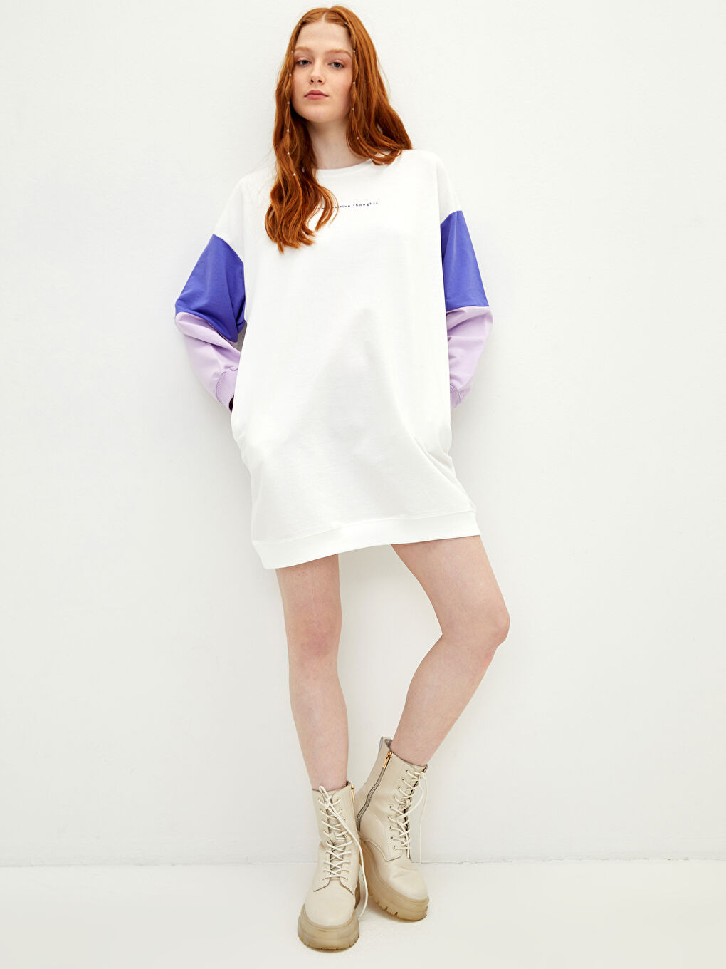 Crew Neck Long Sleeve Women's Dress with Color Block