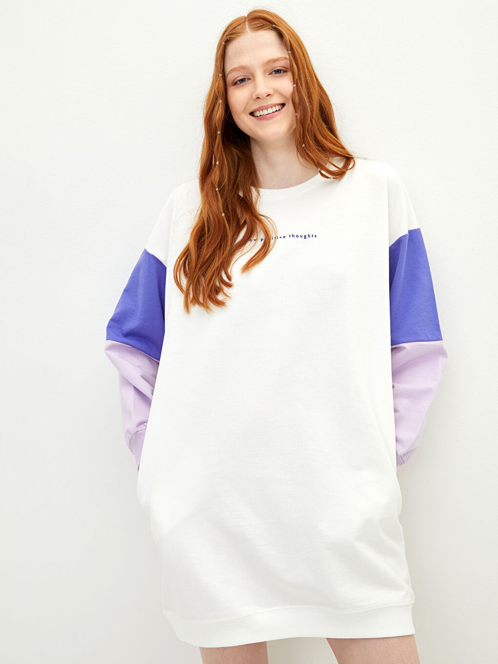 Crew Neck Long Sleeve Women's Dress with Color Block-1