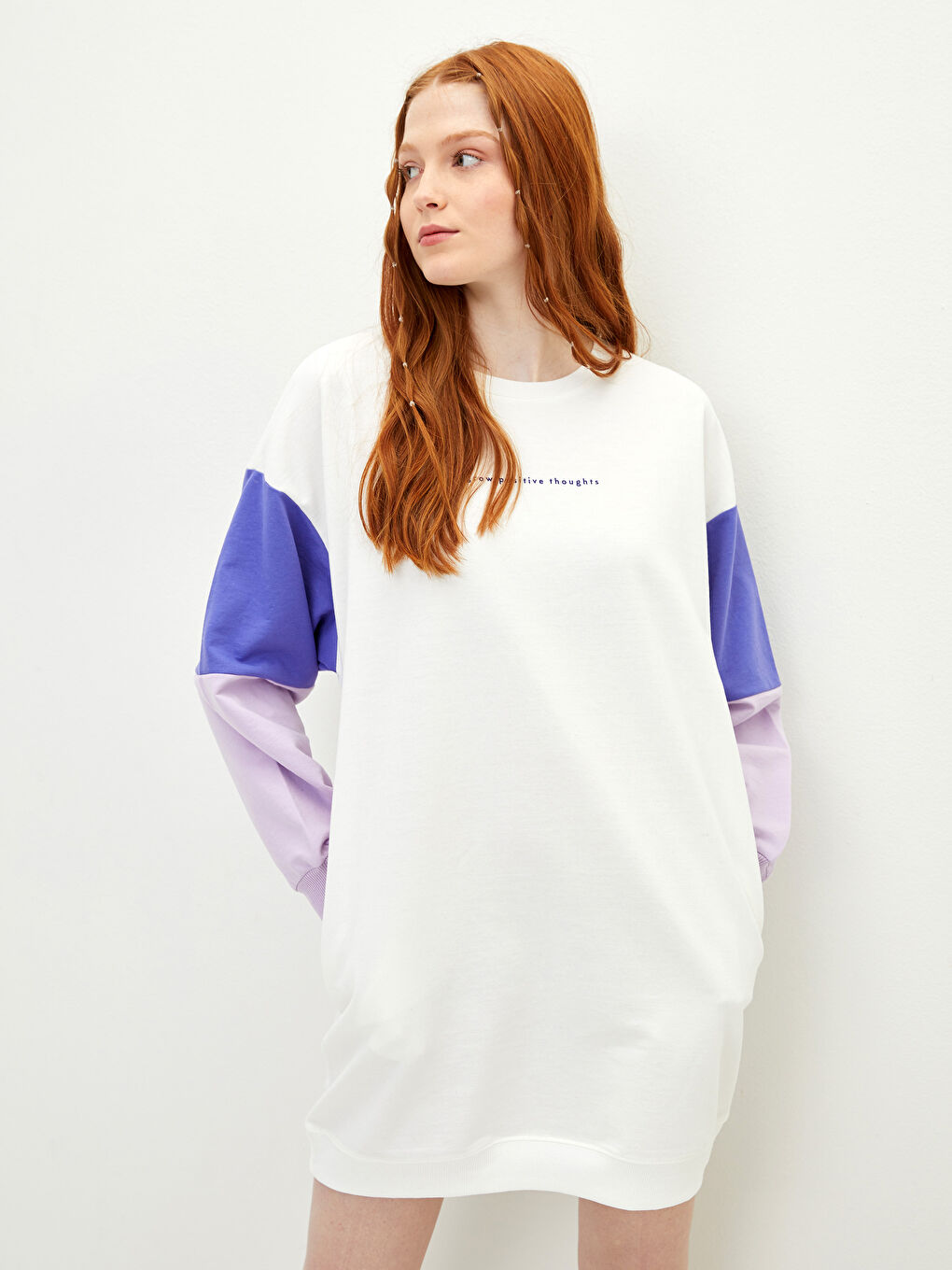 Crew Neck Long Sleeve Women's Dress with Color Block-2