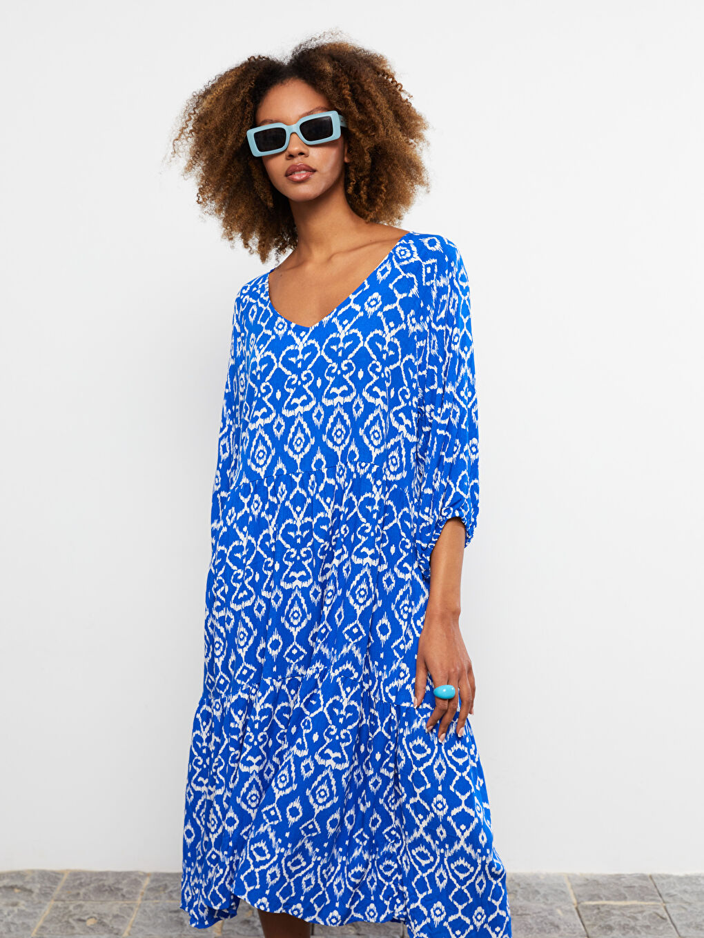 V-Neck Patterned Viscose Women's Dress-2