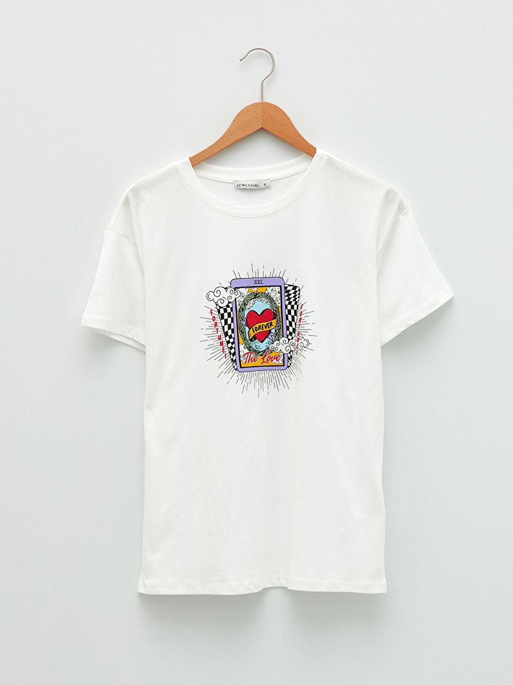 Ekru Bisiklet Yaka Baskılı Kısa Kollu Pamuklu Kadın Tişört-5