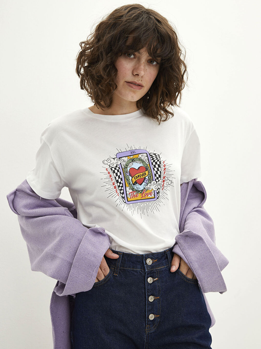 Ekru Bisiklet Yaka Baskılı Kısa Kollu Pamuklu Kadın Tişört