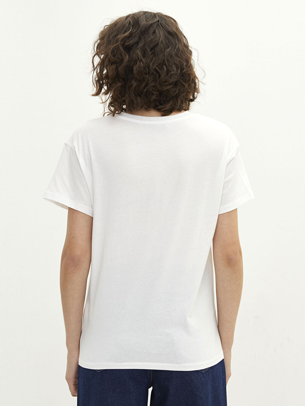 Ekru Bisiklet Yaka Baskılı Kısa Kollu Pamuklu Kadın Tişört-4