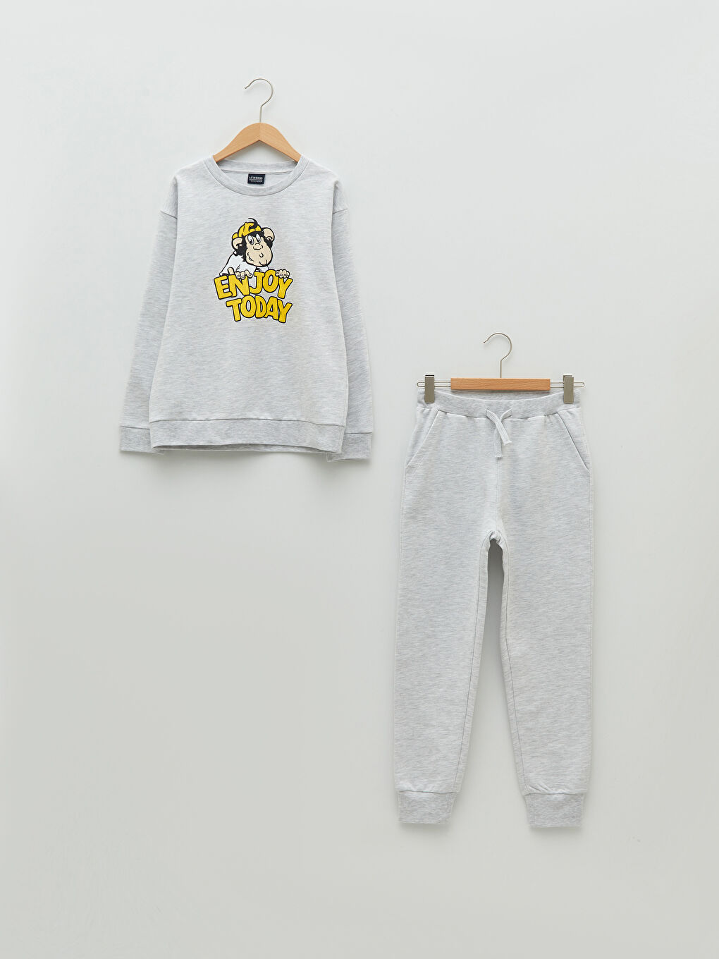 Gri Bisiklet Yaka Nostaljik Maymun Baskılı Uzun Kollu Erkek Çocuk Sweatshirt ve Eşofman Altı