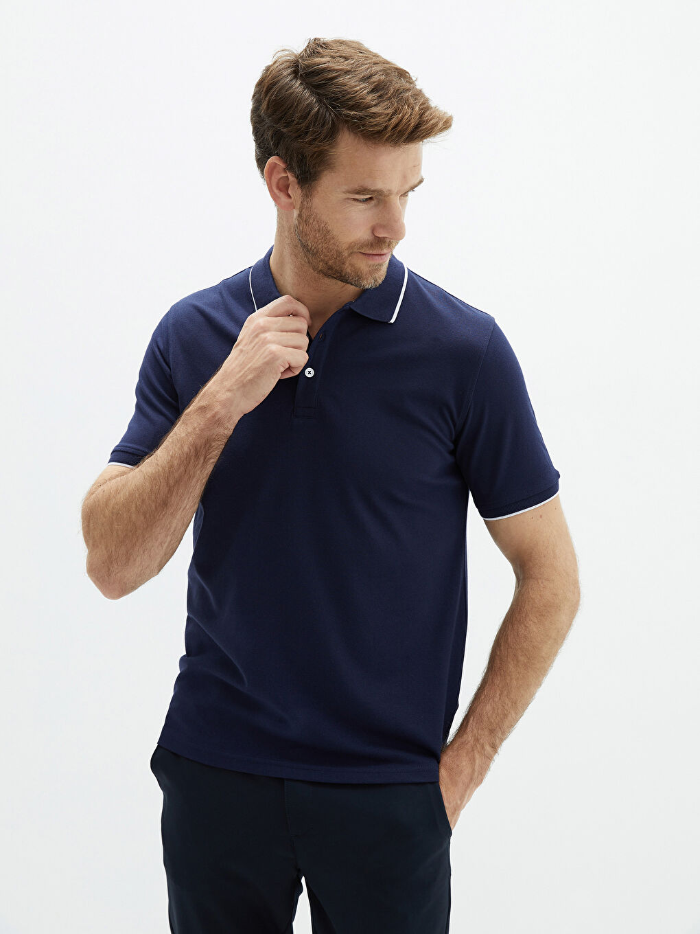 Lacivert Polo Yaka Kısa Kollu Pike Erkek Tişört
