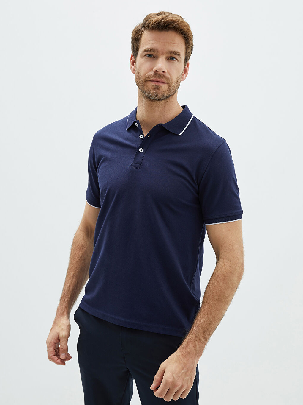 Lacivert Polo Yaka Kısa Kollu Pike Erkek Tişört-1