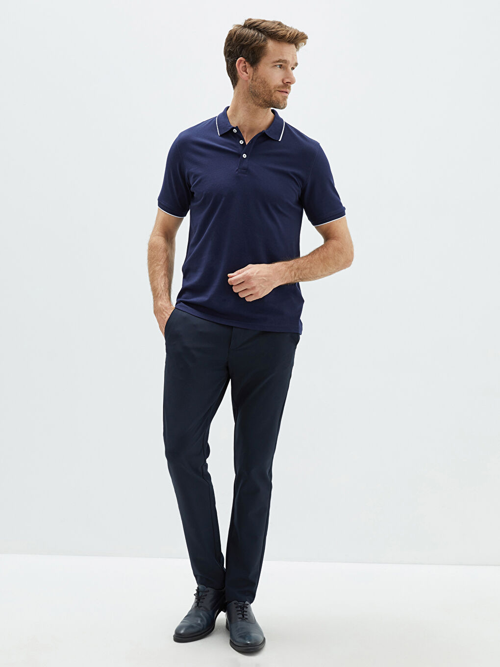 Lacivert Polo Yaka Kısa Kollu Pike Erkek Tişört-2