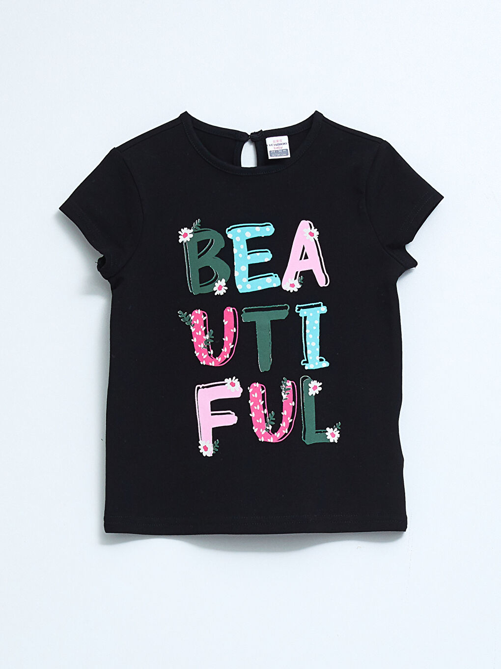 Siyah Bisiklet Yaka Kısa Kol Baskılı Pamuklu Kız Bebek Tişört