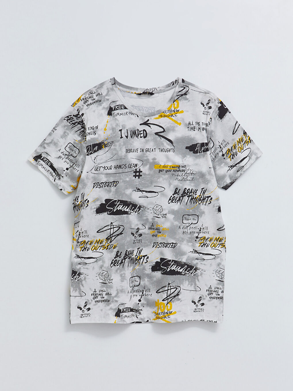 Beyaz Bisiklet Yaka Kısa Kollu Baskılı Penye Erkek Tişört