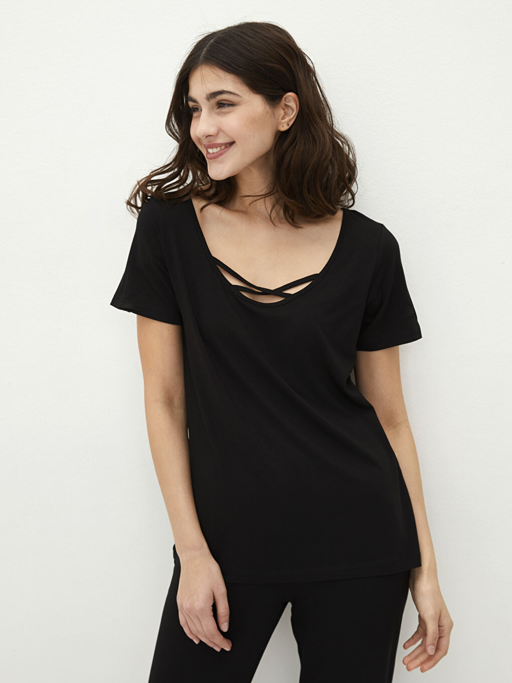 U-Ausschnitt Schlicht Kurzarm Pyjama-Set für Damen-1