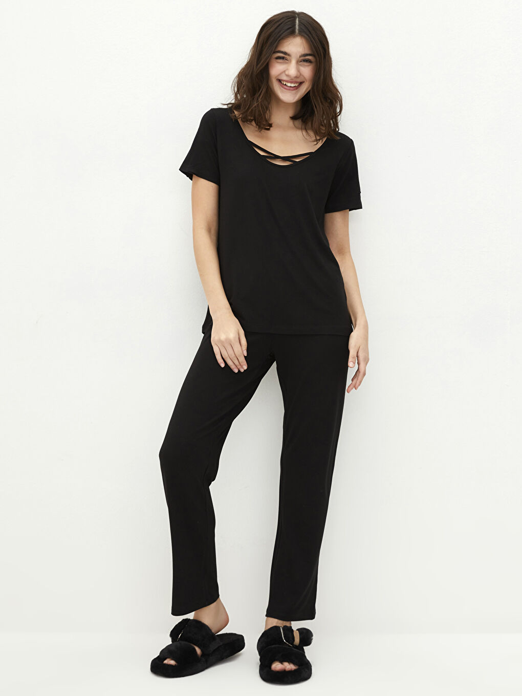 U-Ausschnitt Schlicht Kurzarm Pyjama-Set für Damen