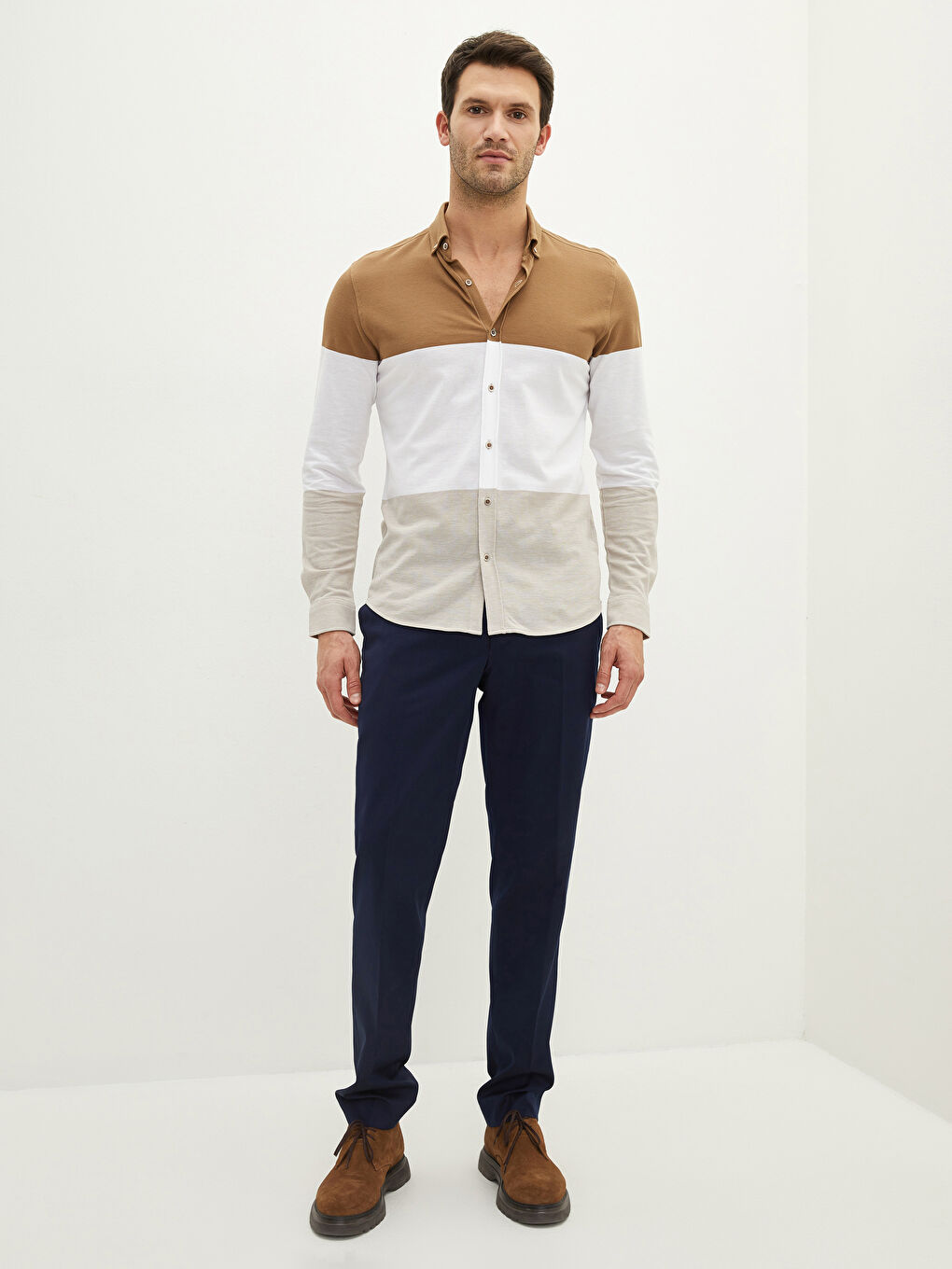 قميص رجالي ضيق بأكمام طويلة وكتلة ألوان-2